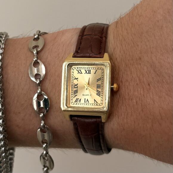 Y2K Gold Brown Leather Quartz Watch with Roman Numerals Unisex 8.5" New - Picture 3 of 6